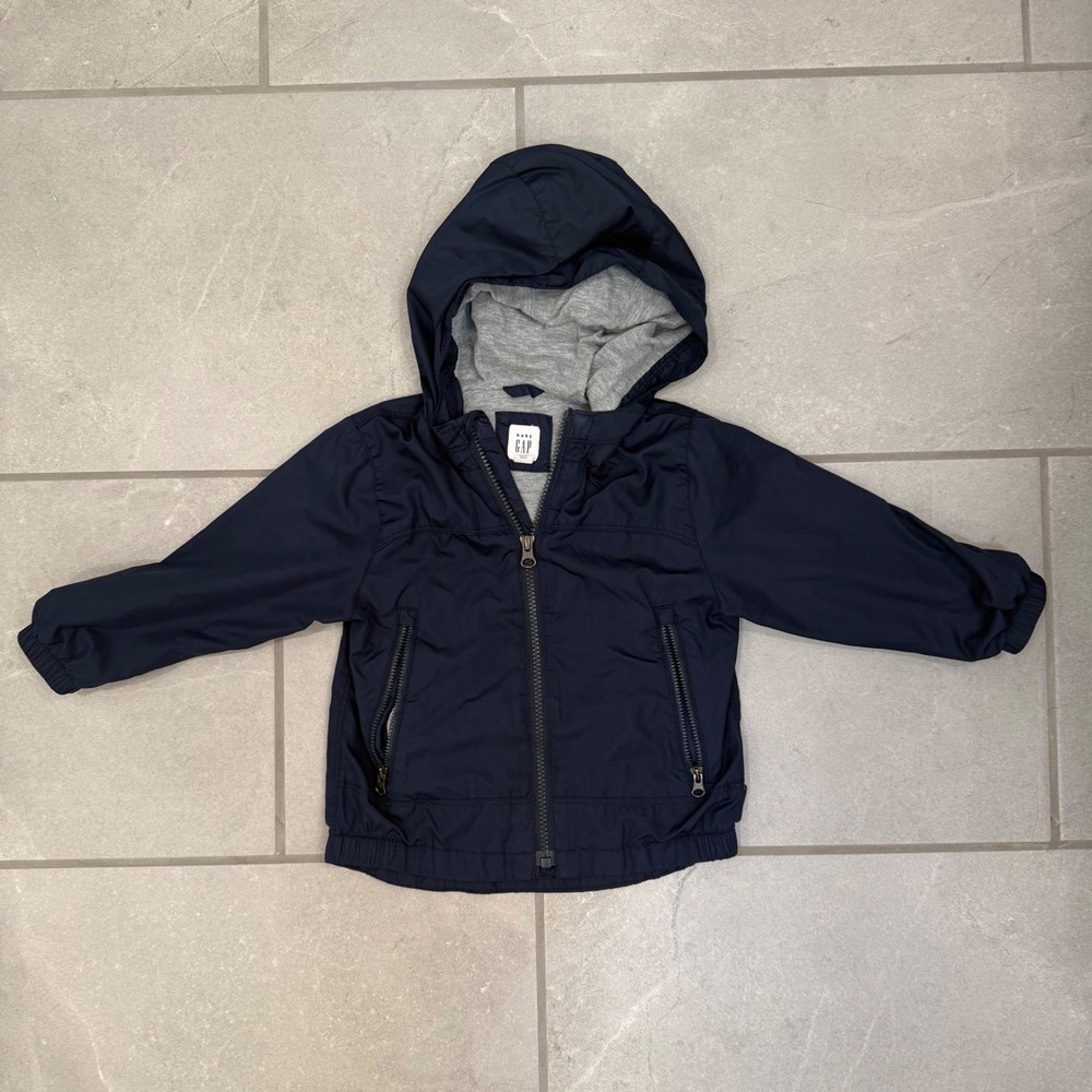 Baby GAP Toddler 2T Navy Blue Hooded Windbreaker Jacket Jersey Lined Zip Up